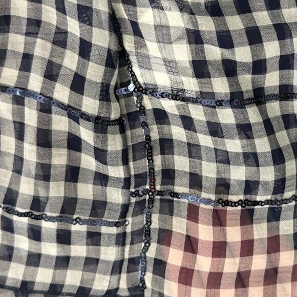 Zara Navy Blue White Gingham Sequin Flutter Sleeve Sheer Peplum Blouse size M - Picture 7 of 10